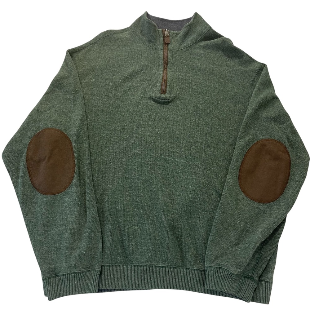 Cremieux Mens Quarter Zip Pullover Sweater Green Elbow Patches XL